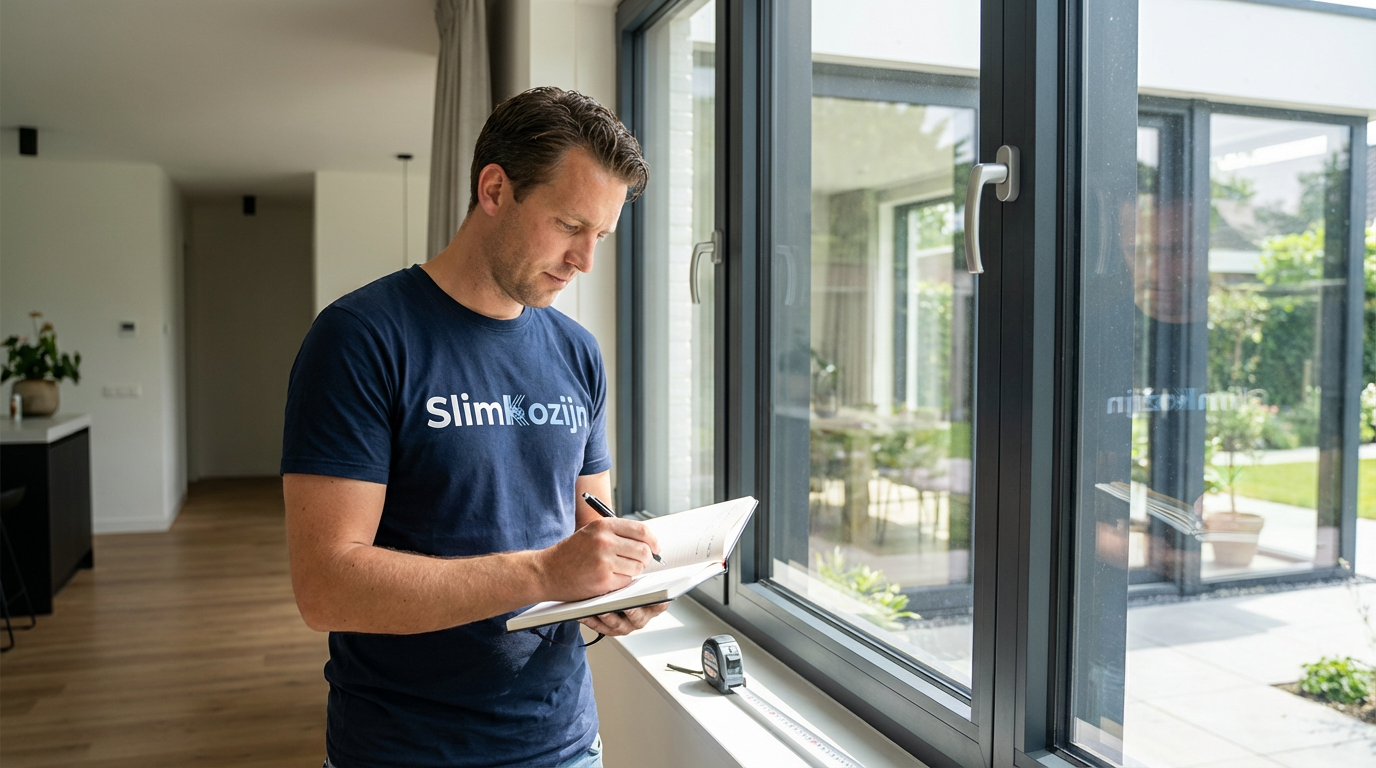 Adviseur van SlimKozijn neemt maten op bij een aluminium kozijn